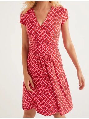 Boden Jersey Wrap Top Dress Dark Coral Red Knee LengthGeometric Mini Dress Sz 4